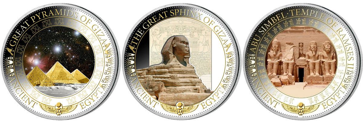 Монеты "Пирамиды Гизы", "Сфинкс", "Храм Рамзеса II"