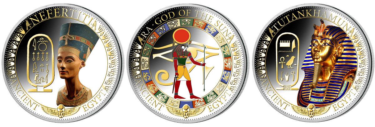 Монеты "Нефертити", "Ра", "Тутанхамон"