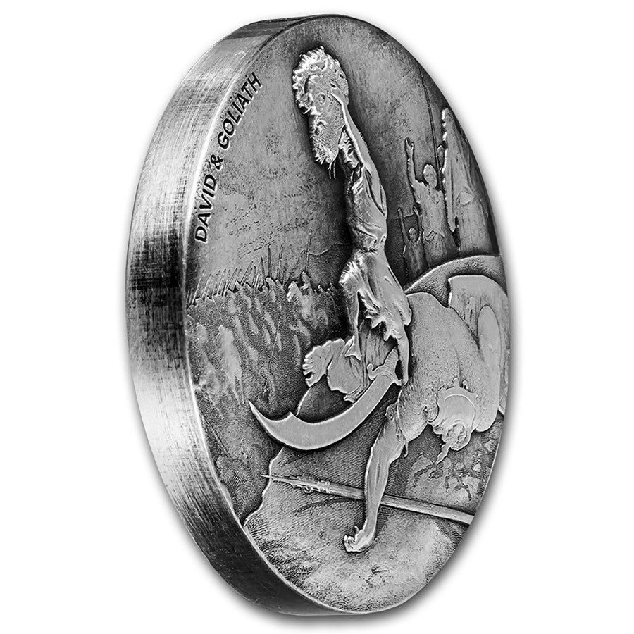 Реверс монеты "Давид и Голиаф" сбоку