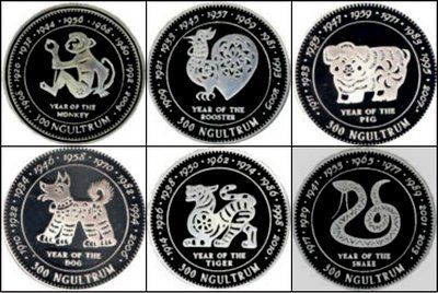 Монеты Бутана со знаками восточного зодиака