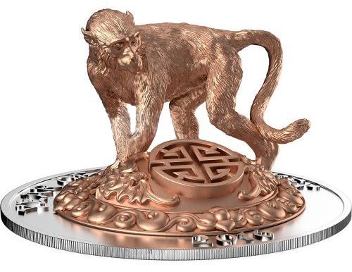 Реверс монеты с покрытой розовым золотом 3D-обезьяной