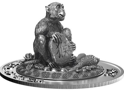 Реверс монеты с серебряной 3D-обезьяной