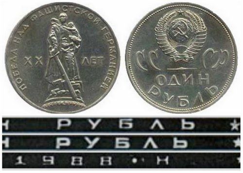 Памятный рубль 1965 года с примерами гуртовой надписи