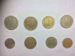Монеты 2 копейки 1949г., 50 копеек, 5 копеек 1976г., 1 рубль 2001г., 5 копеек 2005г., 2 рубля 2001г.