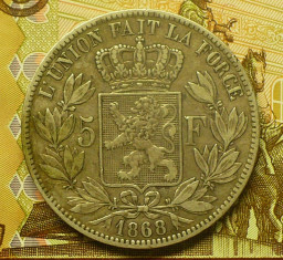 Серебряные 5 франков Бельгии 1868-73 г